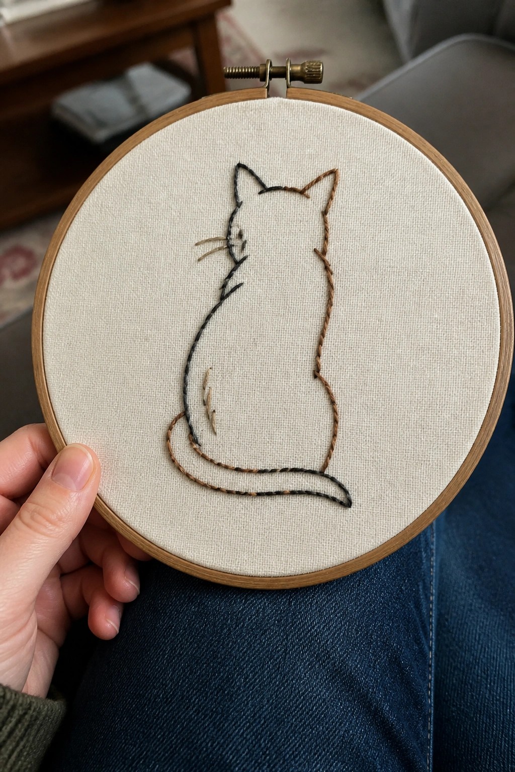 Hand holds wooden hoop with black-brown cat embroidery on white fabric over blue jeans.