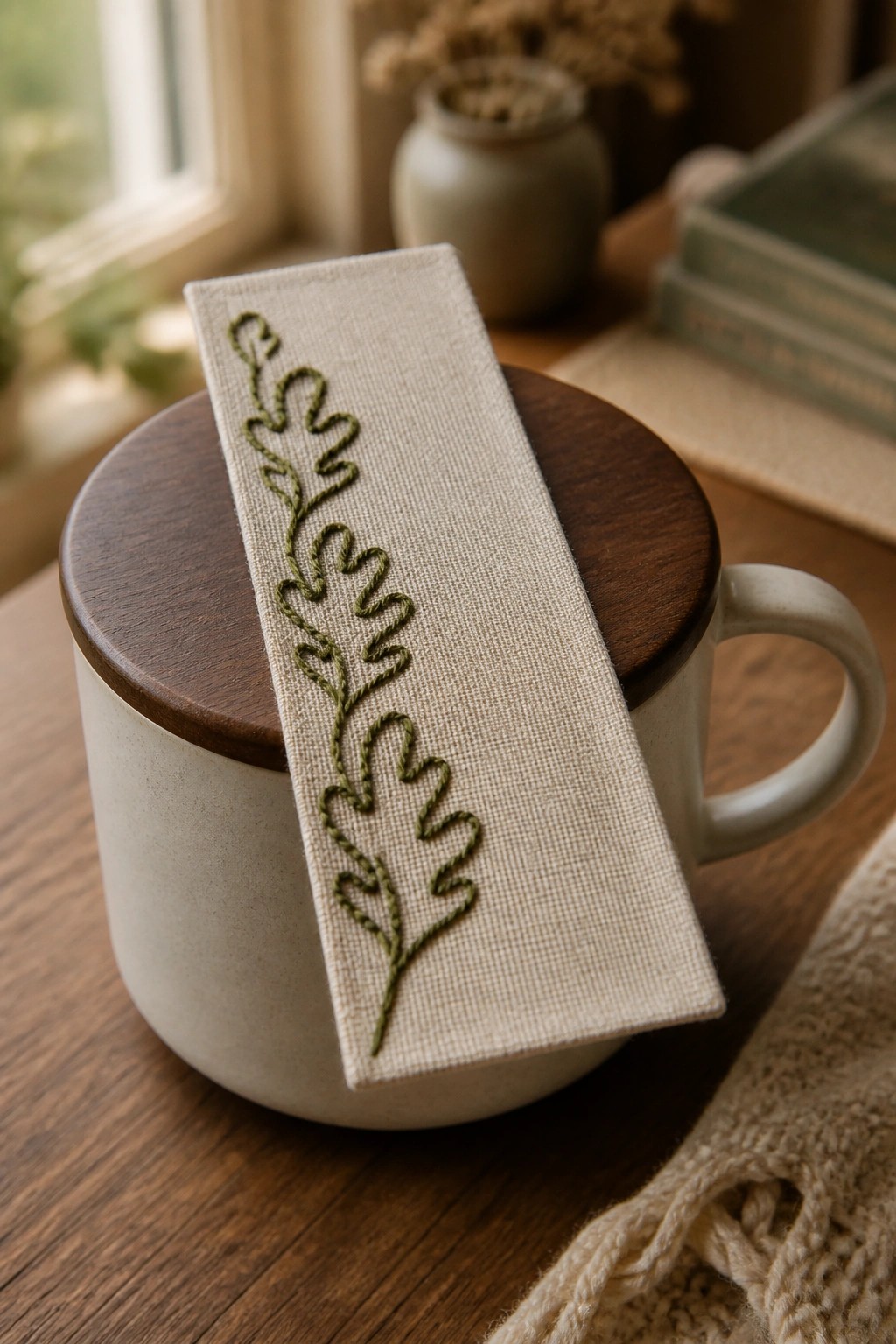Green embroidered leaf bookmark draped over white ceramic mug with wooden lid