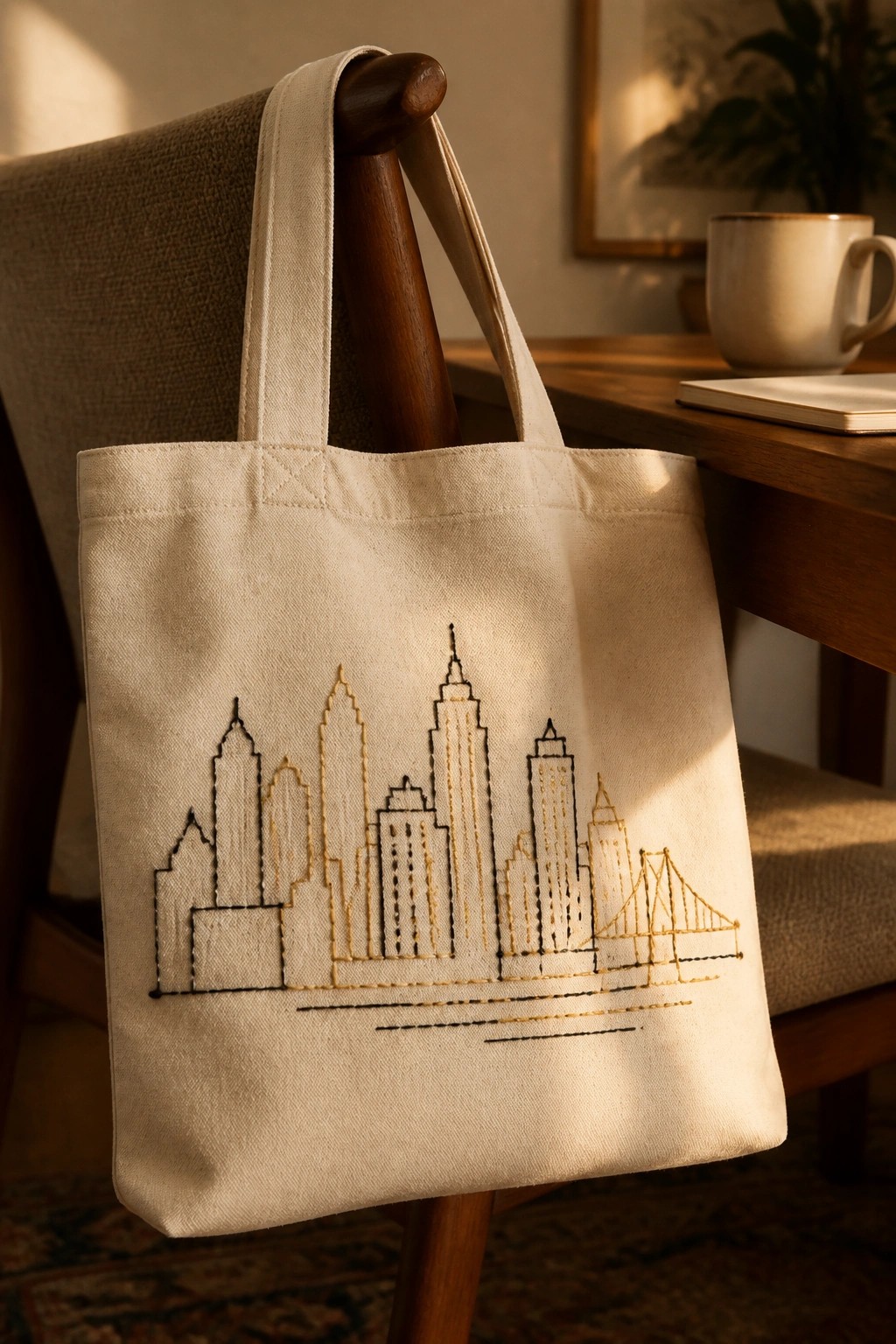 A canvas tote bag with a black and gold embroidered city skyline hangs on a wooden chair.