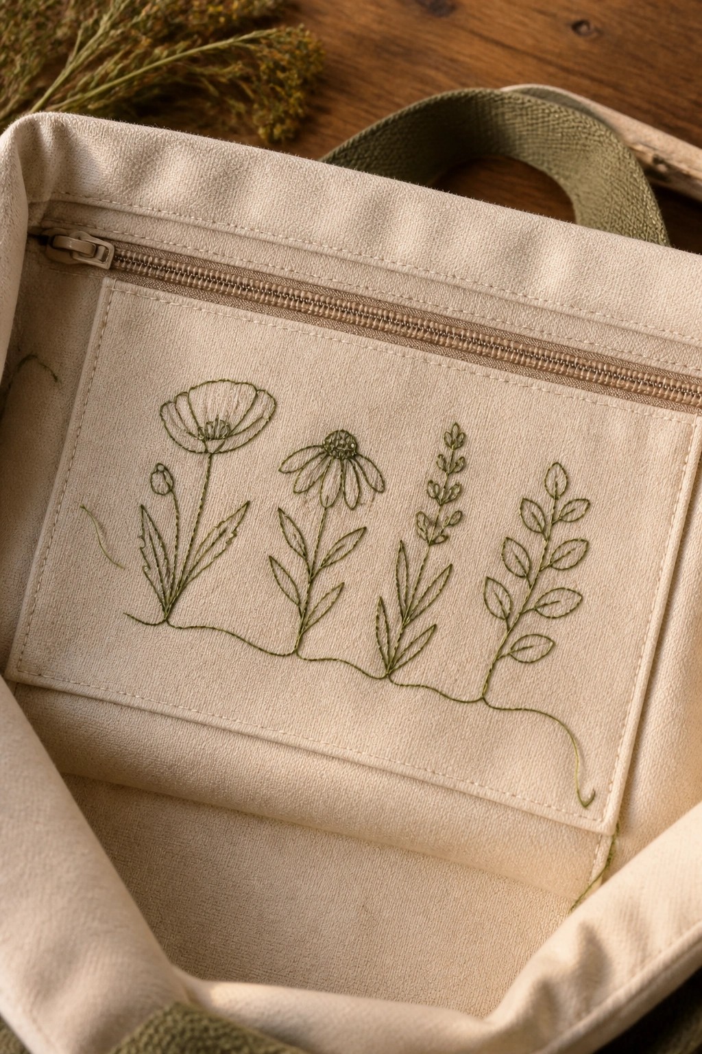 Cream canvas tote with green floral embroidery on zippered inner pocket