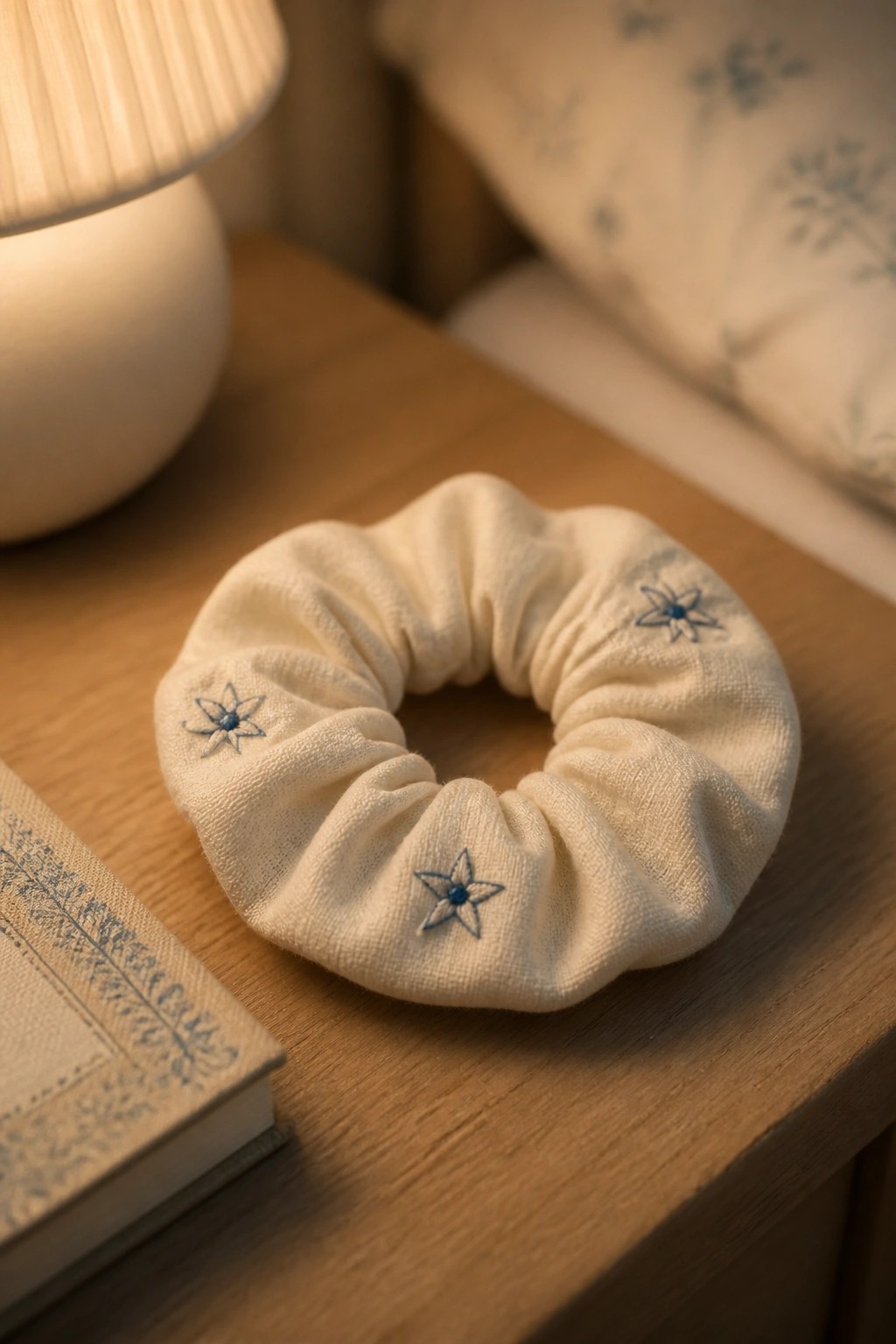 Cream scrunchie with blue star embroidery on wooden table beside lamp and book