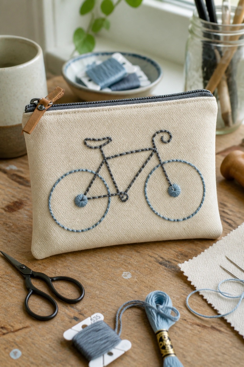Beige zip pouch with blue-gray embroidered bicycle amid sewing supplies on wooden table.