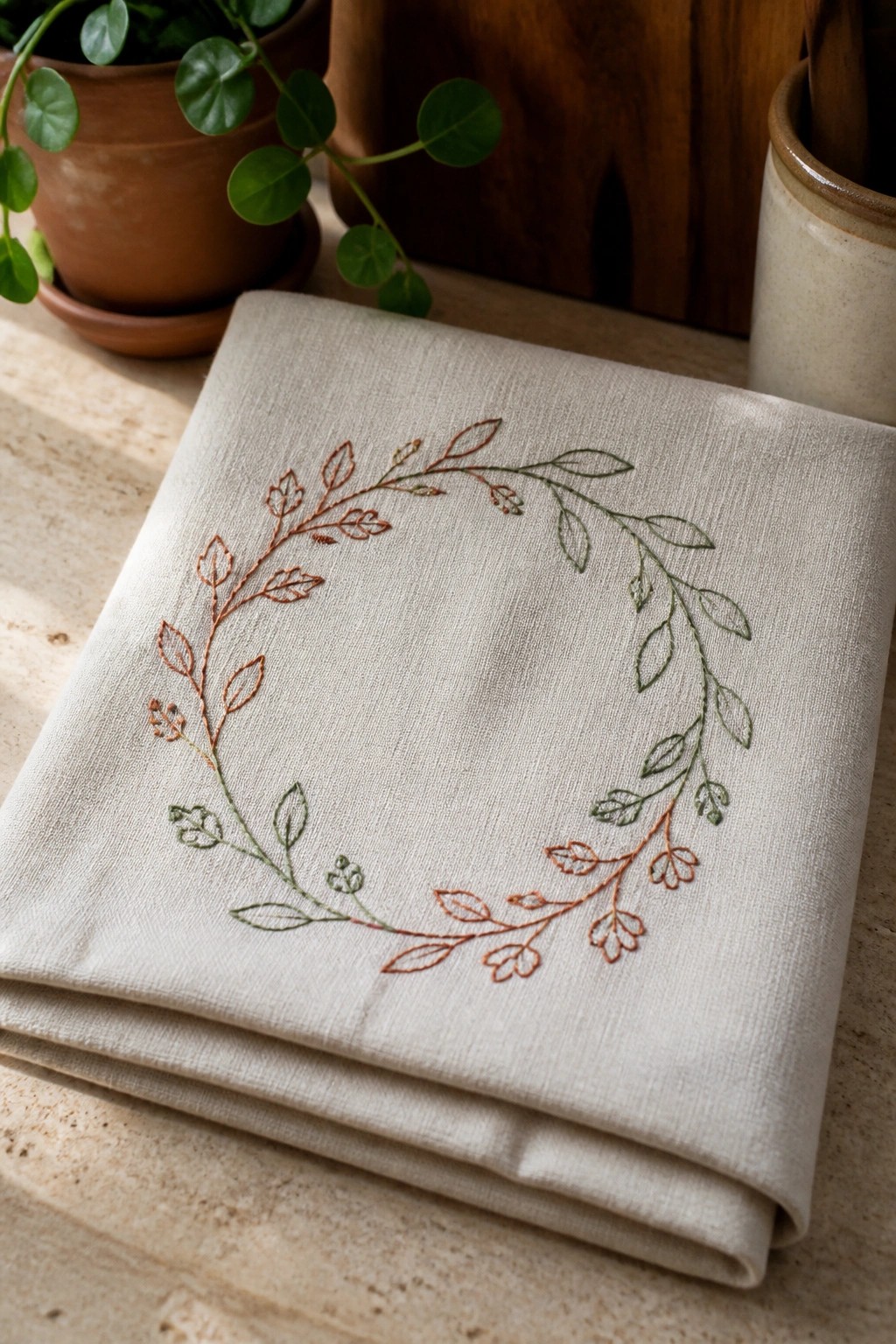 Folded cream linen napkin embroidered with orange and green leafy wreath.
