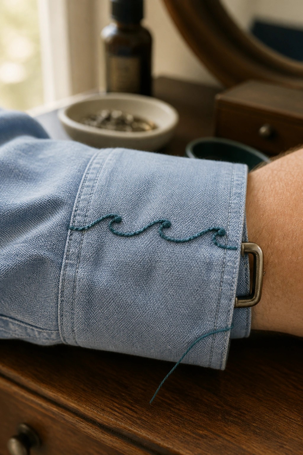 Light blue denim sleeve with teal wavy embroidery and metal buckle on wood