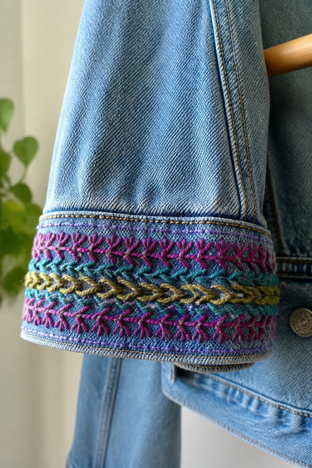 Embroidered blue denim jacket cuff with purple, teal, and yellow leaf patterns