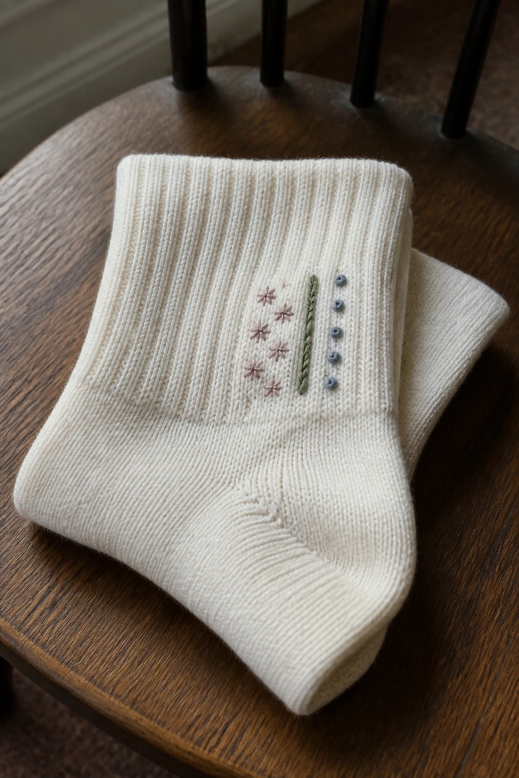 White knitted socks with pink star embroidery, a green vertical motif, and blue dots on the cuff sit on a wooden chair.