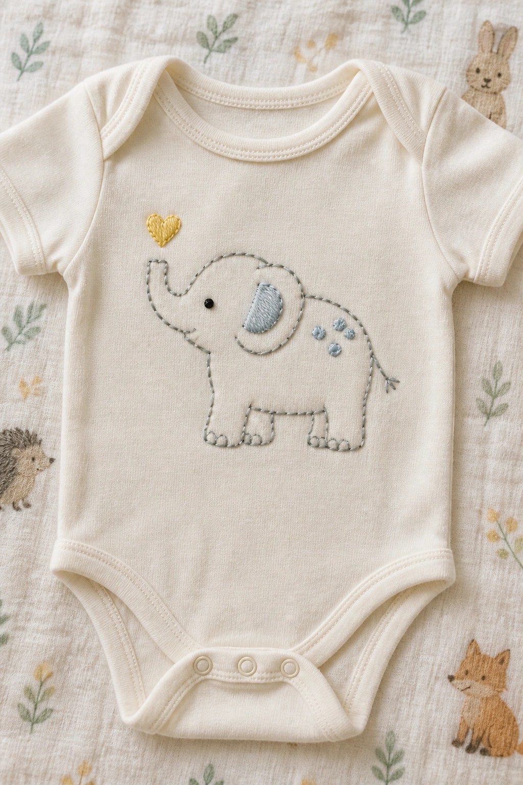 Cream onesie with embroidered gray elephant, blue accents, and yellow heart on patterned fabric.