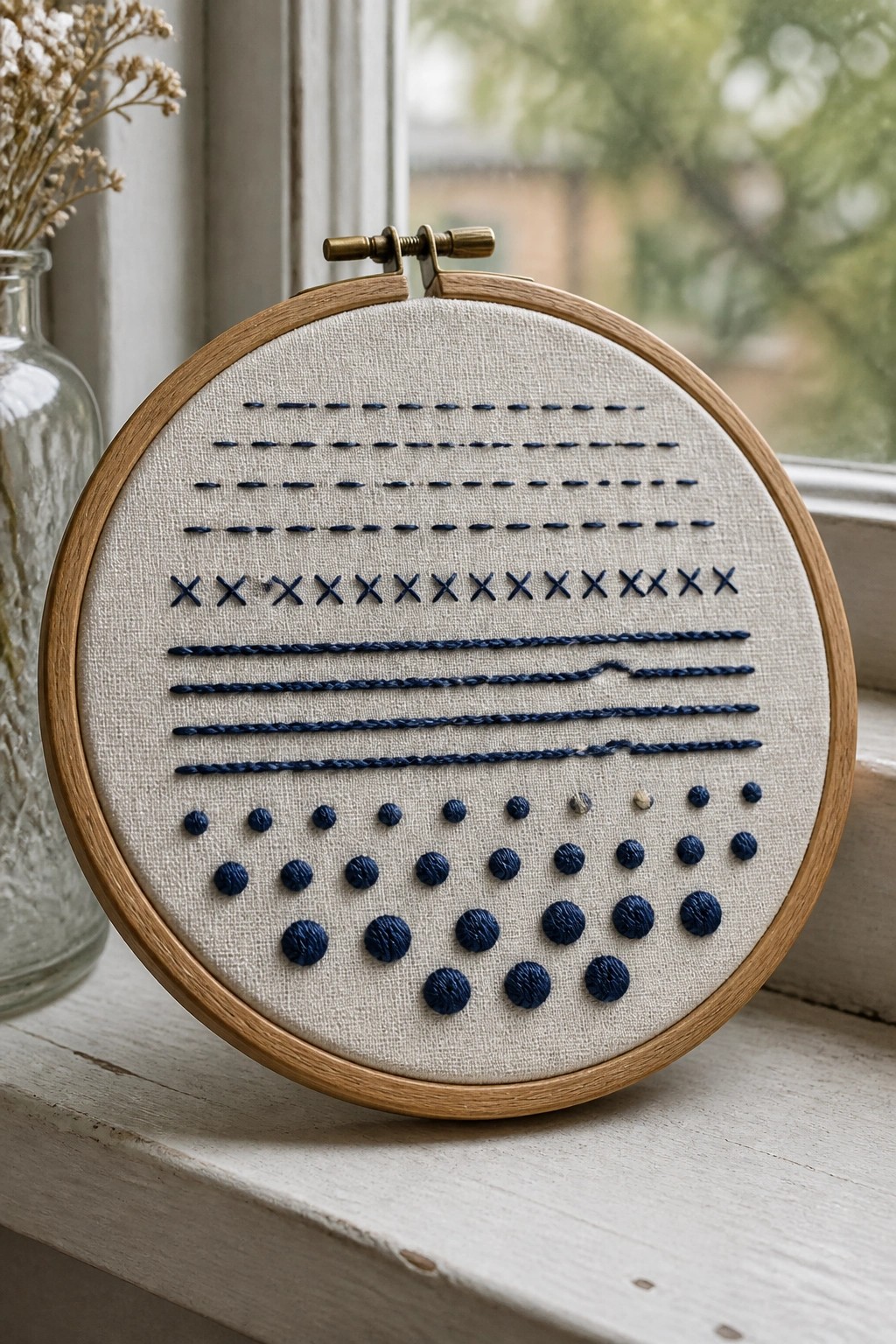 Wooden embroidery hoop with blue stitches, crosses, and dots on white fabric by window
