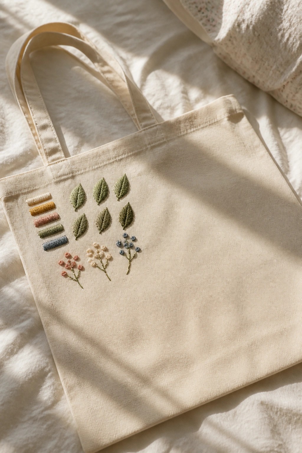 Beige tote bag embroidered with green leaves, flowers, and thread color samples on sunlit fabric