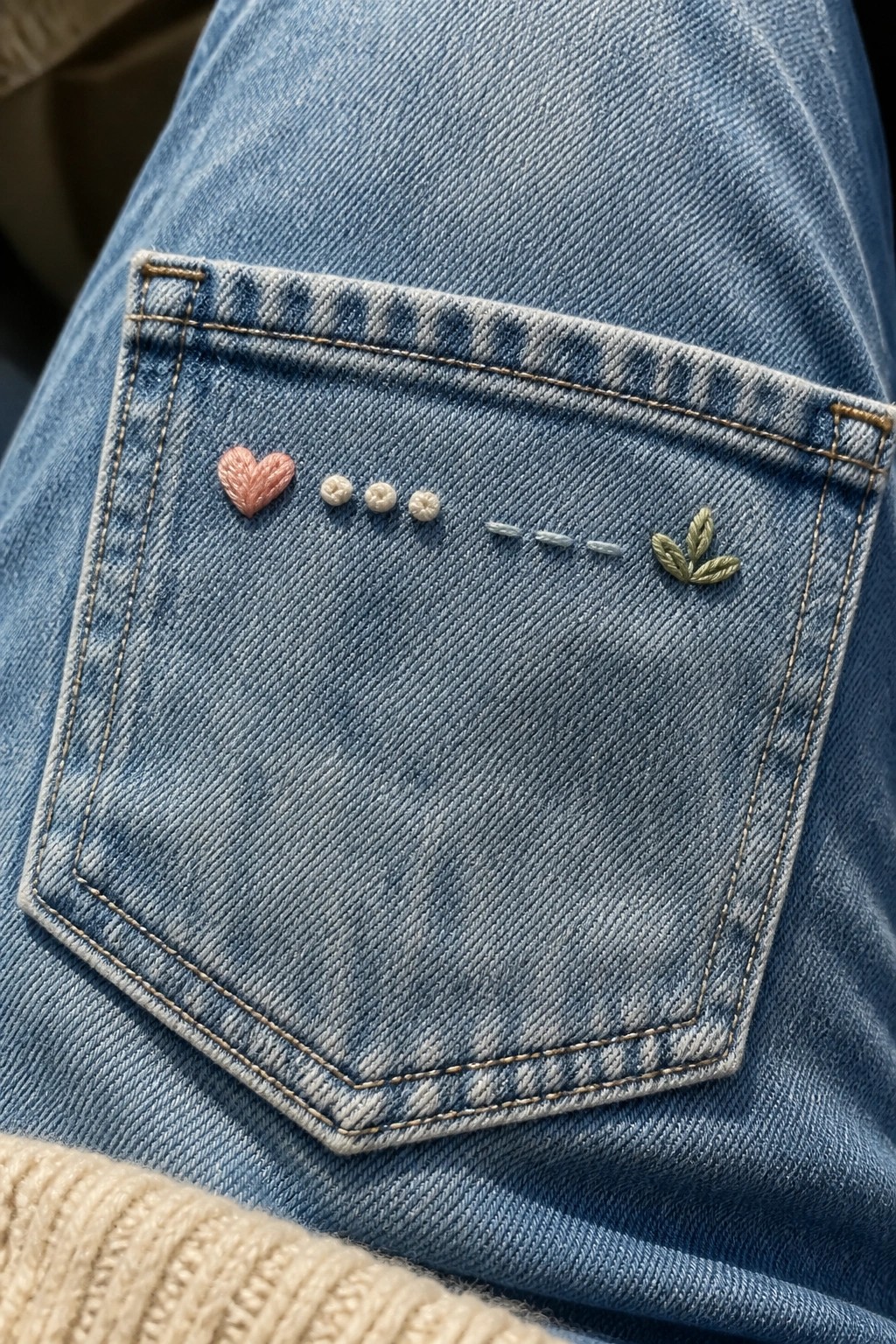 Blue denim jeans pocket with pink heart, white dots, blue dashes, green leaf embroidery.