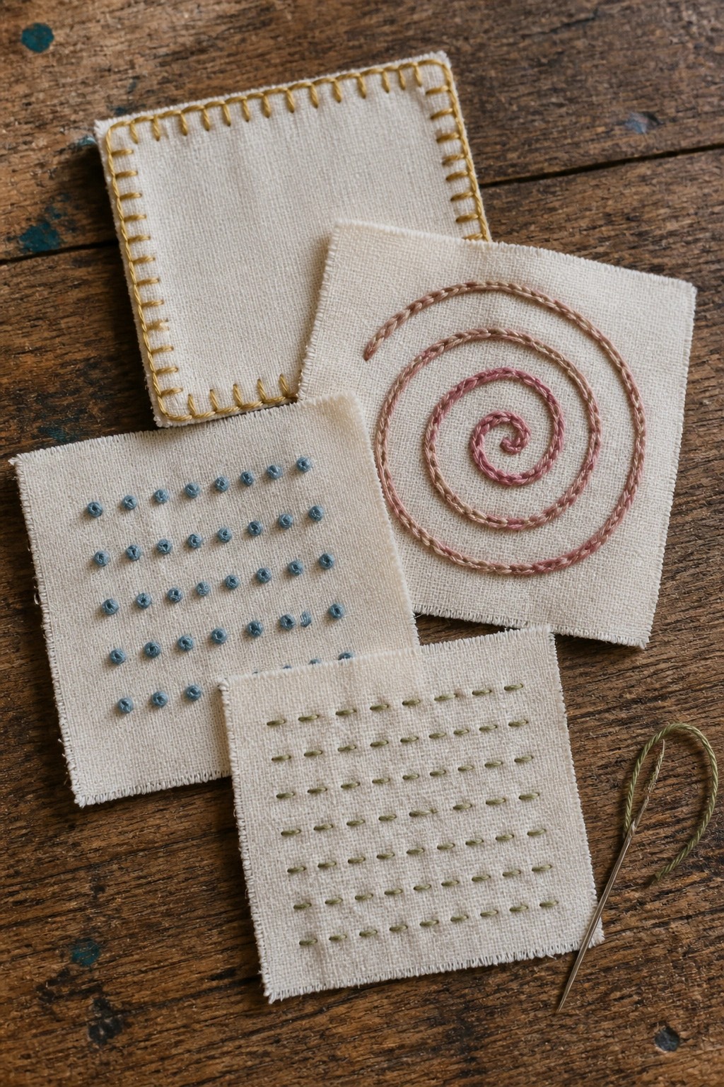 Four embroidered fabric swatches with spiral, knots, dashes, and border on wood