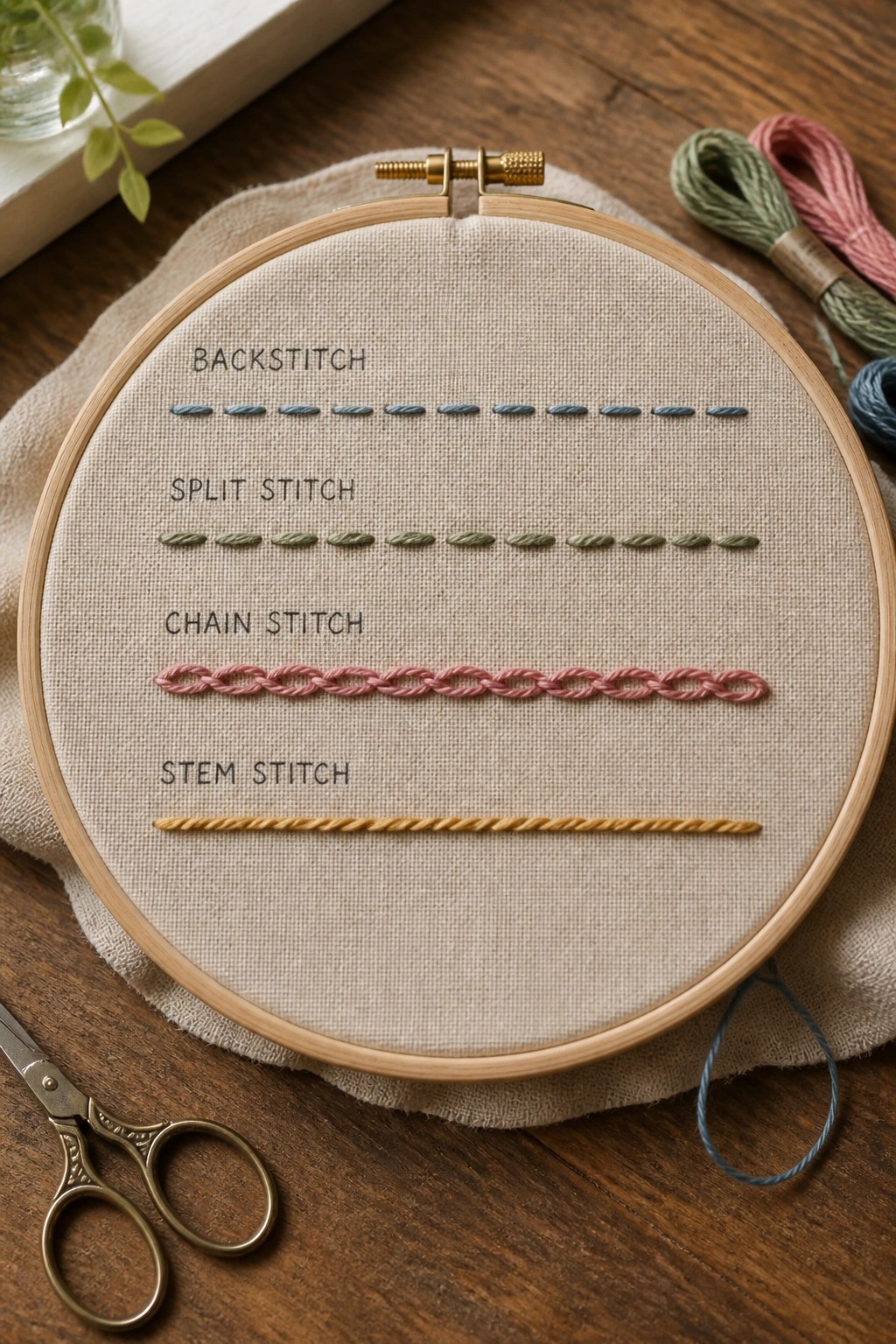 Wooden embroidery hoop showing labeled backstitch, split, chain, and stem stitches on beige fabric.