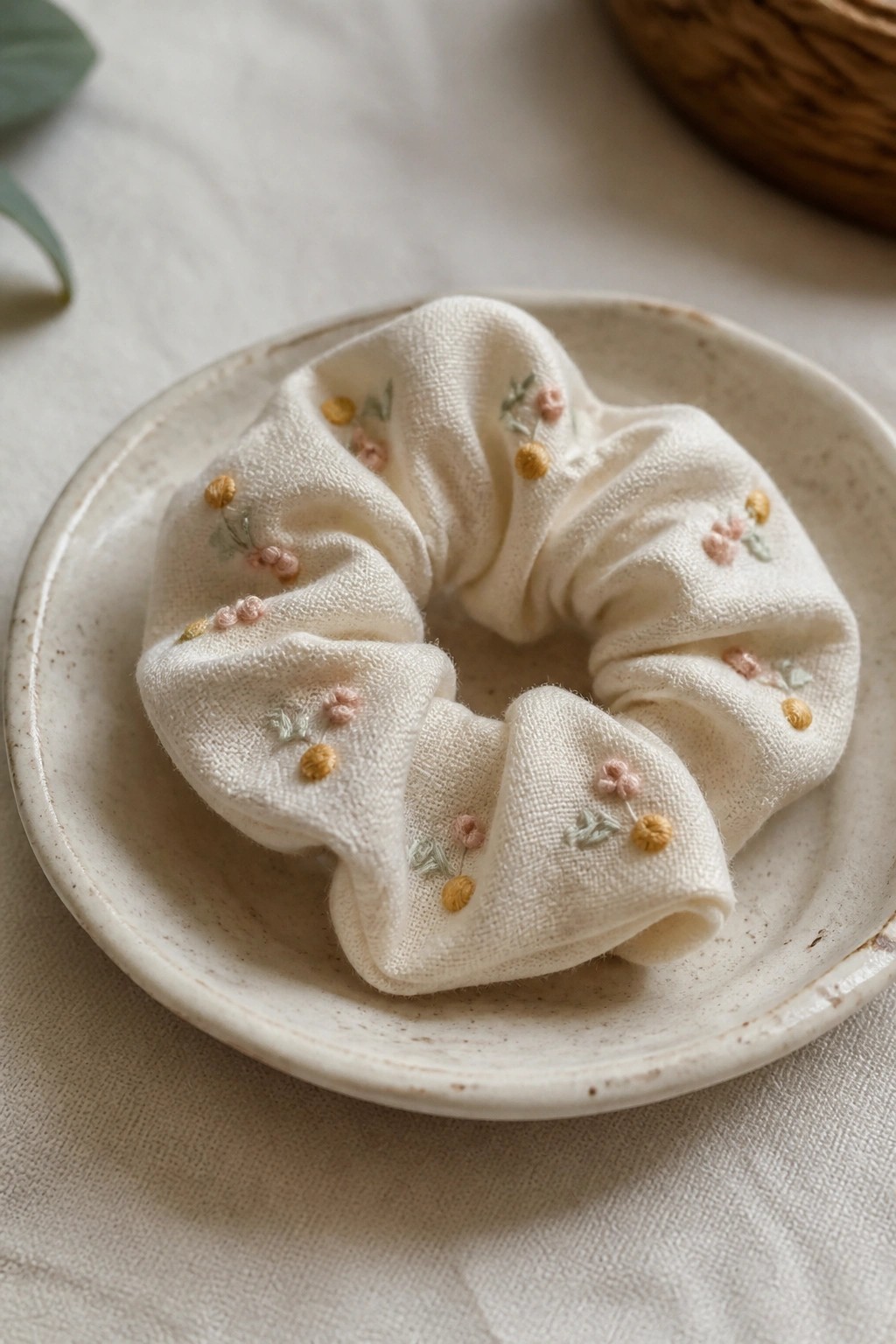 White scrunchie with pink, yellow, and green floral embroidery on a ceramic plate