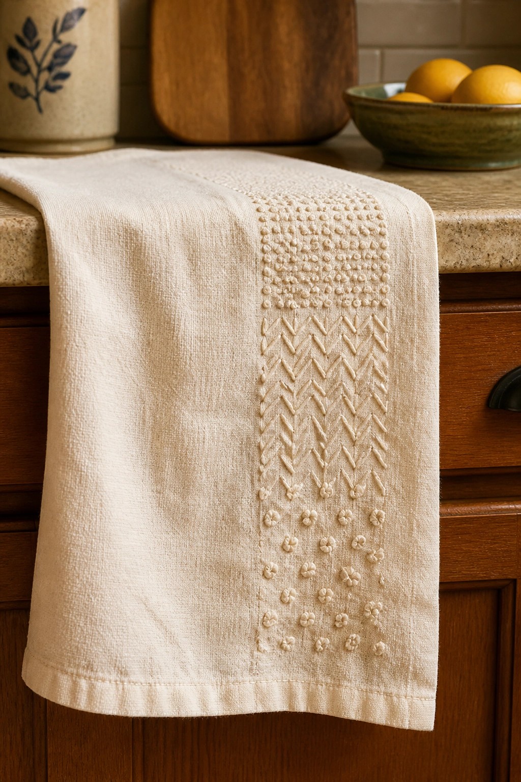 Cream linen towel with chevron, dot, and floral patterns on kitchen counter