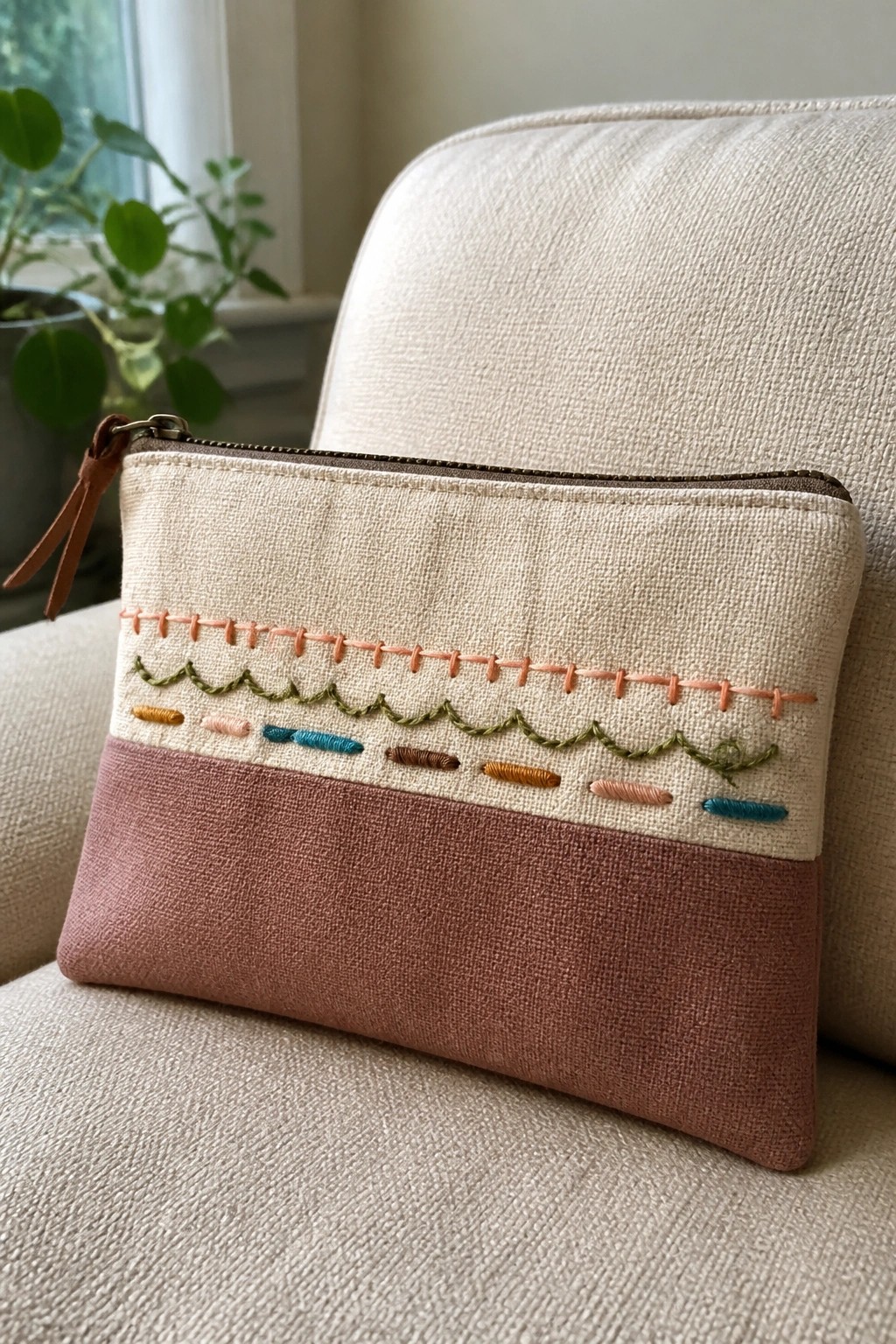 Two-tone embroidered zip pouch with colorful stitches on beige fabric chair