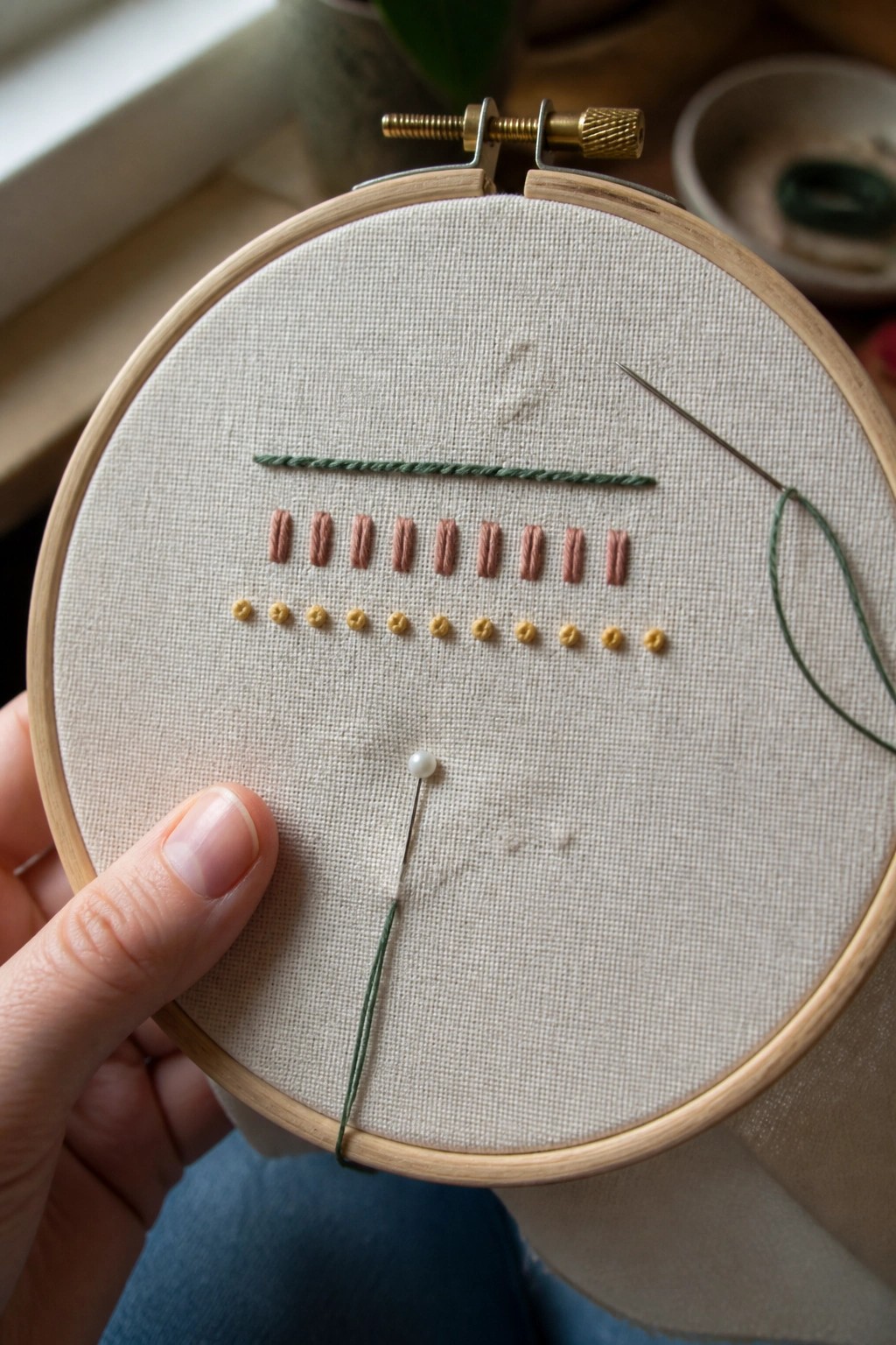 Hand holding embroidery hoop with green, pink, and yellow stitches on fabric.