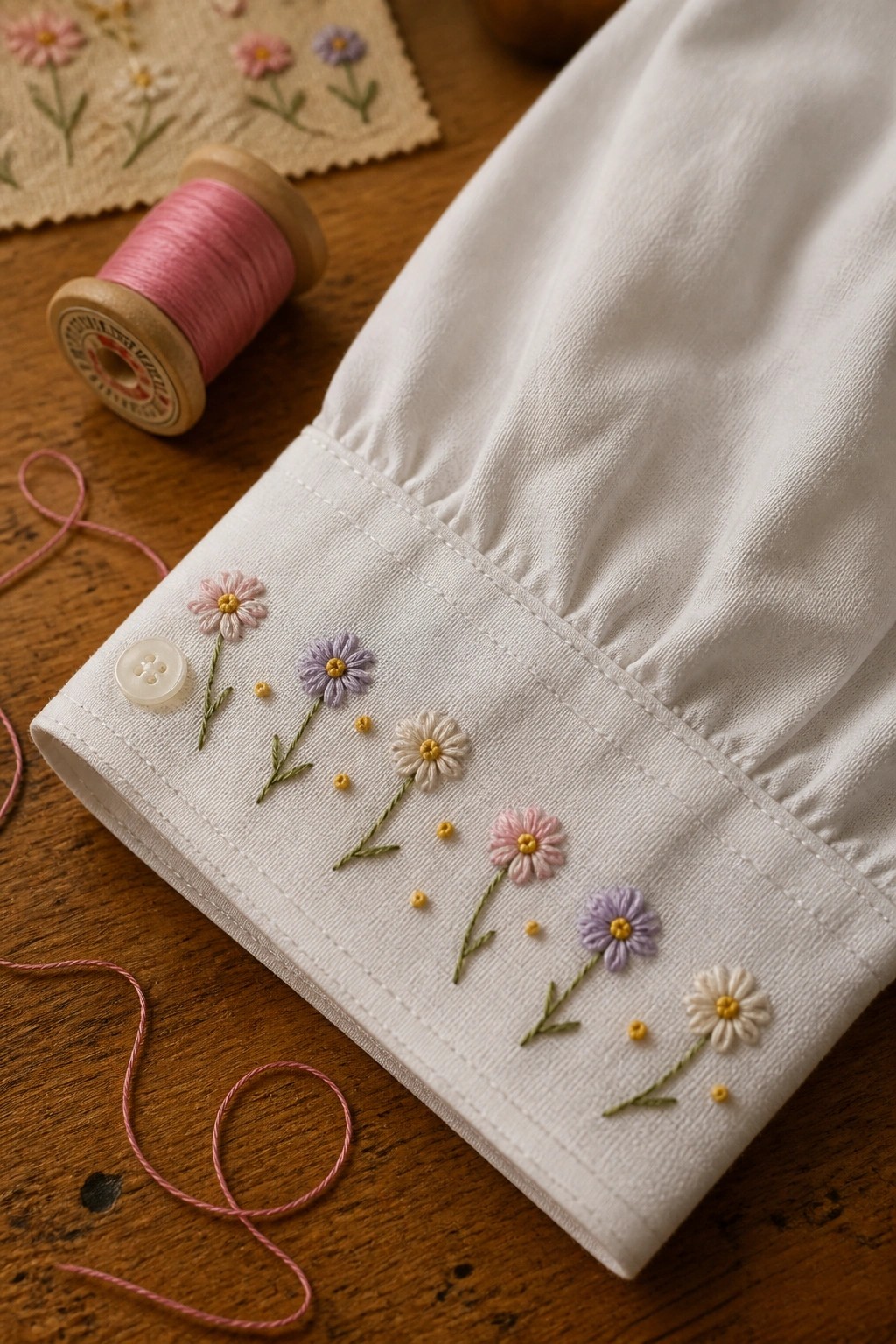 White fabric cuff with small embroidered flowers in pink, purple, and cream along the edge, next to a pink thread spool on wood.
