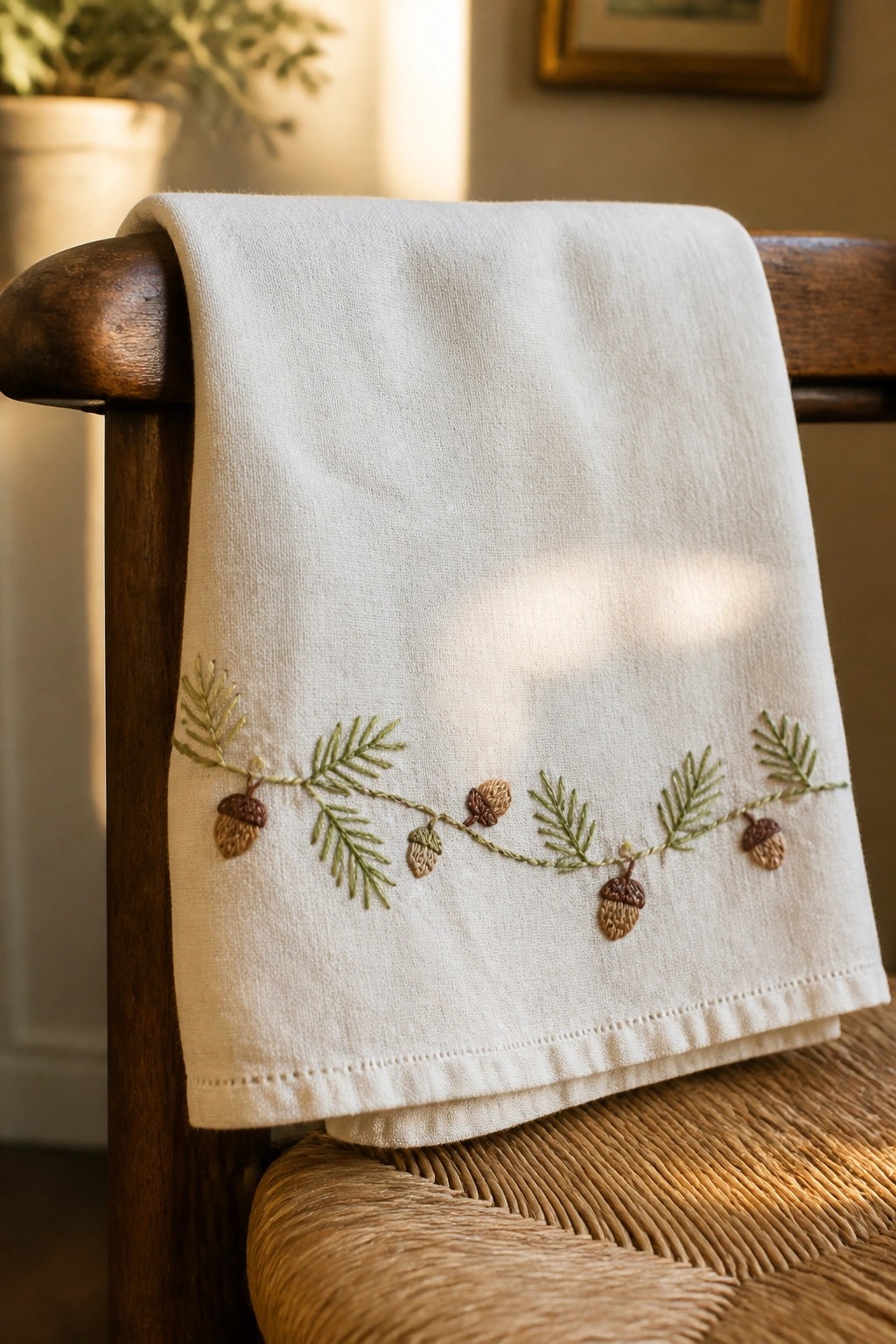 A white towel with a horizontal border of embroidered acorns and green pine needles draped over a wooden chair.