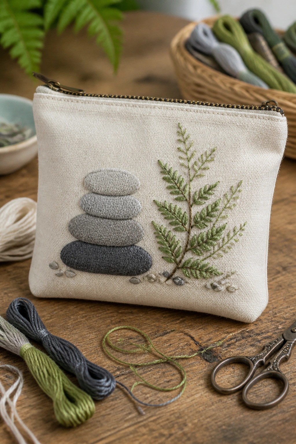 Embroidered beige pouch with stacked gray stones and green fern on wooden table