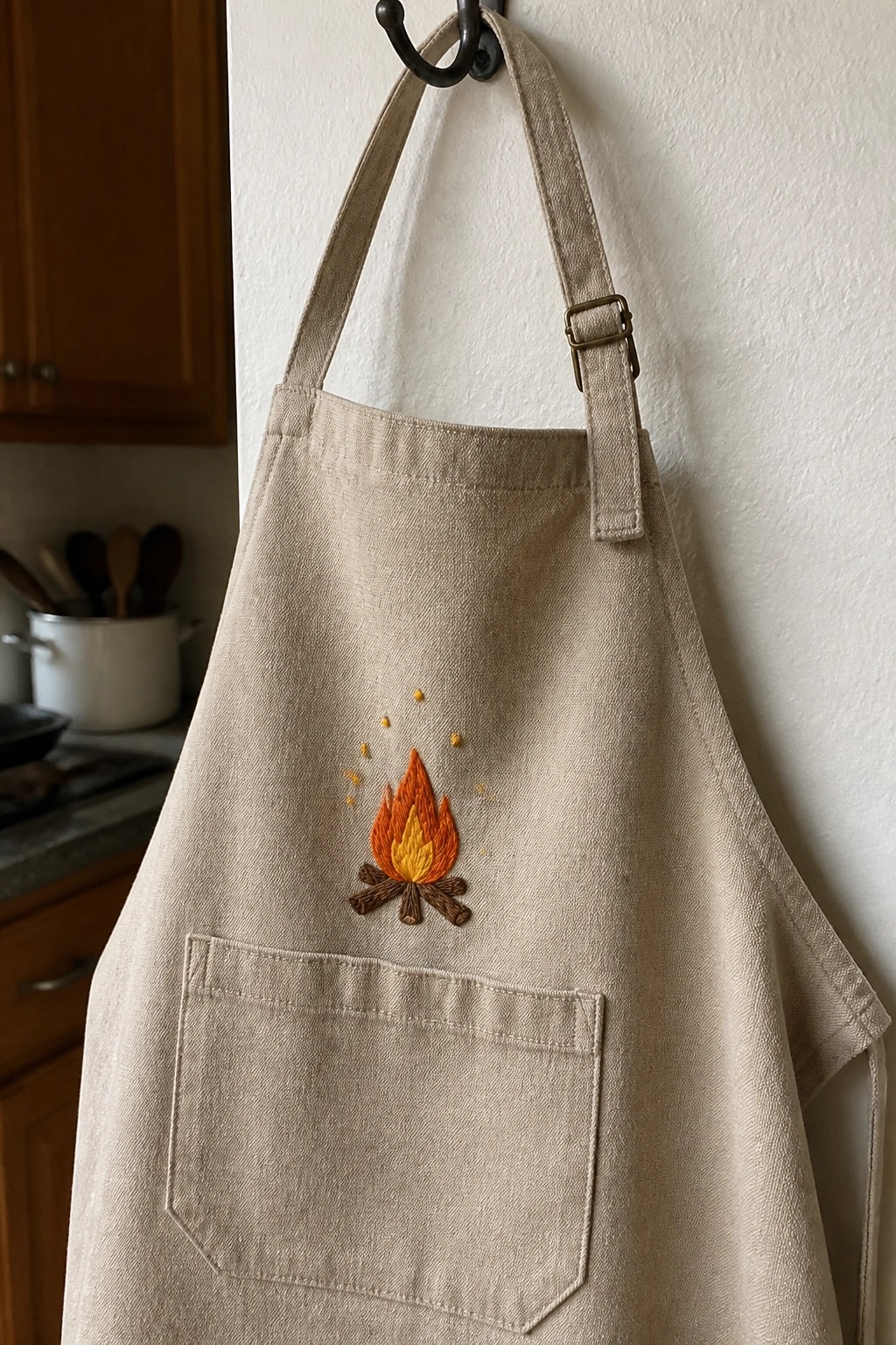 Beige apron with embroidered orange campfire hanging on black hook in kitchen