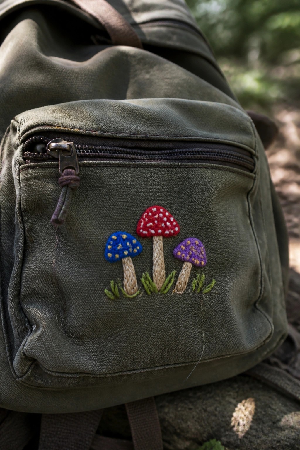 Green canvas bag with embroidered blue, red, and purple mushrooms and grass
