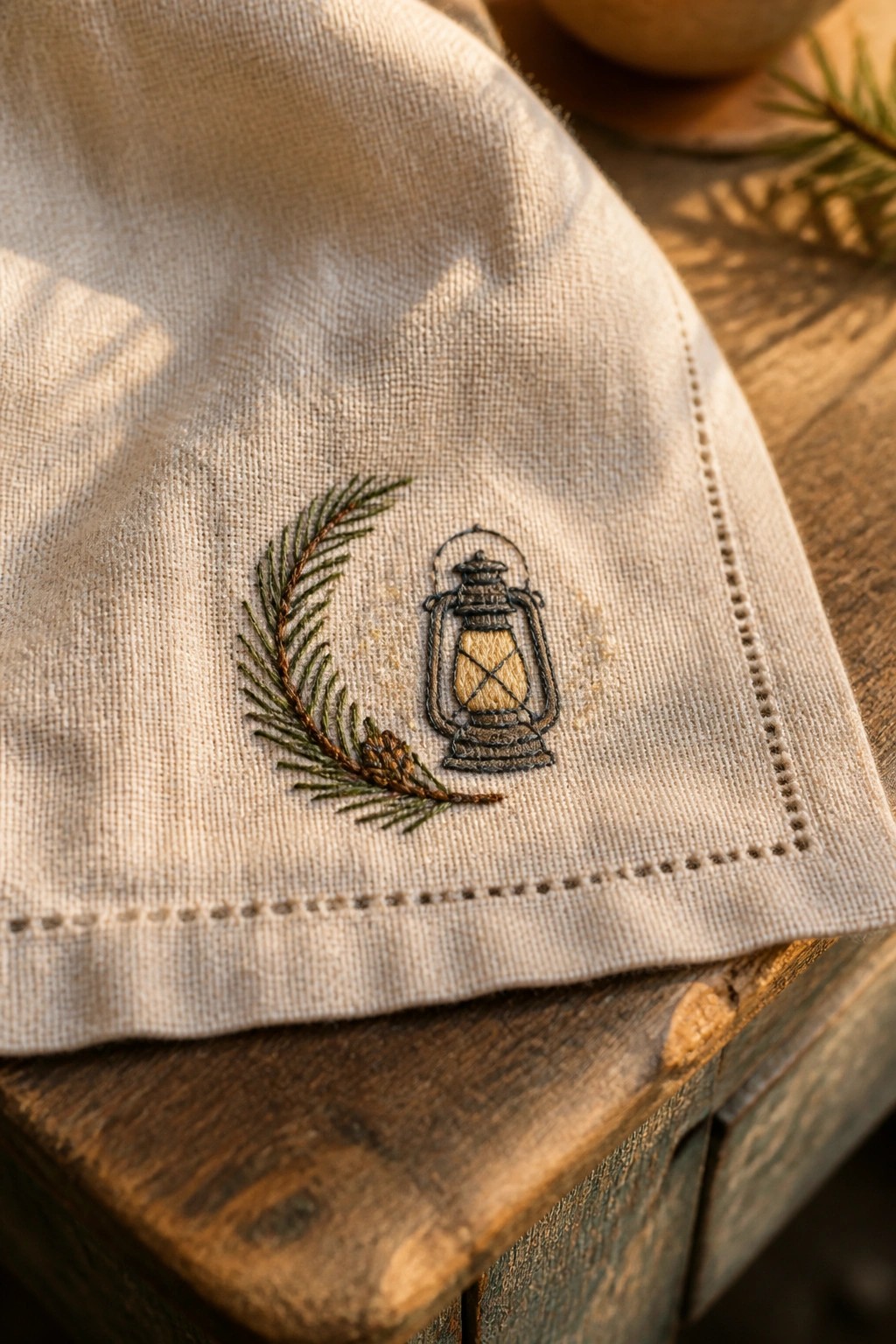 Beige embroidered napkin with pine branch and lantern on wooden surface