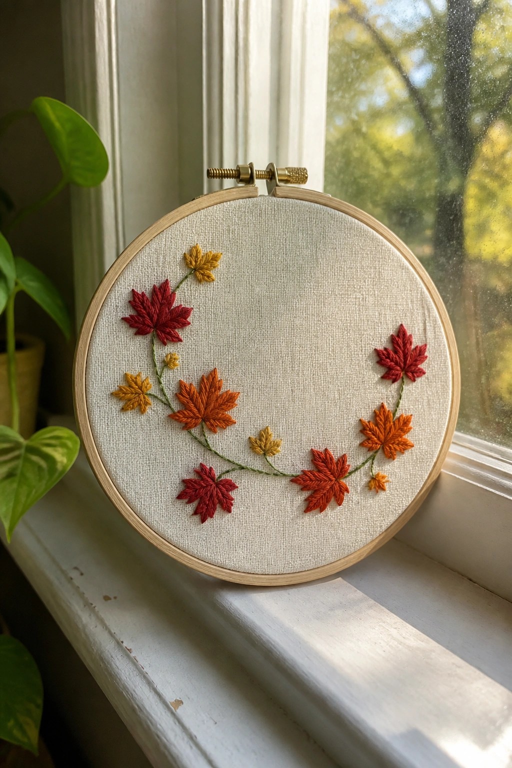 Wooden embroidery hoop with red, orange, and yellow maple leaf stitches on white fabric.