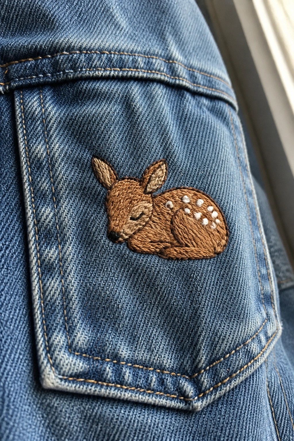 Close-up of a sleeping fawn embroidered on the back pocket of a blue denim jacket.