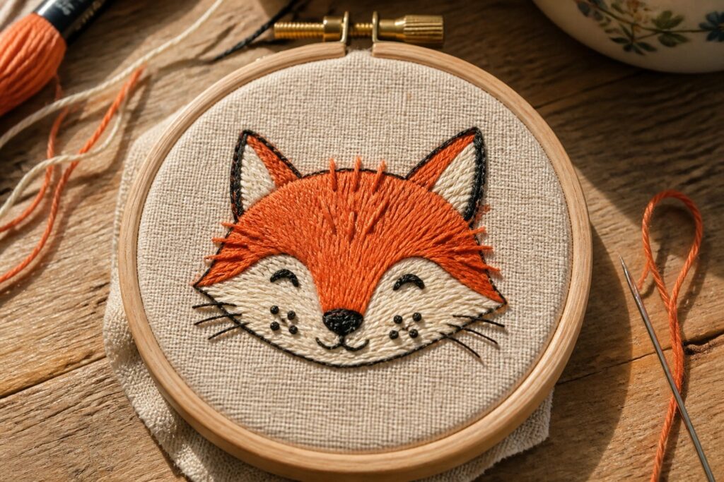 22 Whimsical Woodland Embroidery Patterns for Beginner Nature Lovers Embroidered fox head in orange and cream threads inside wooden embroidery hoop.