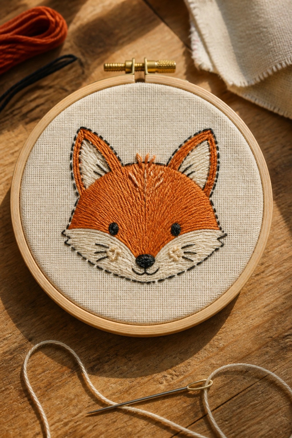 Embroidered fox head in orange and cream threads inside wooden embroidery hoop.