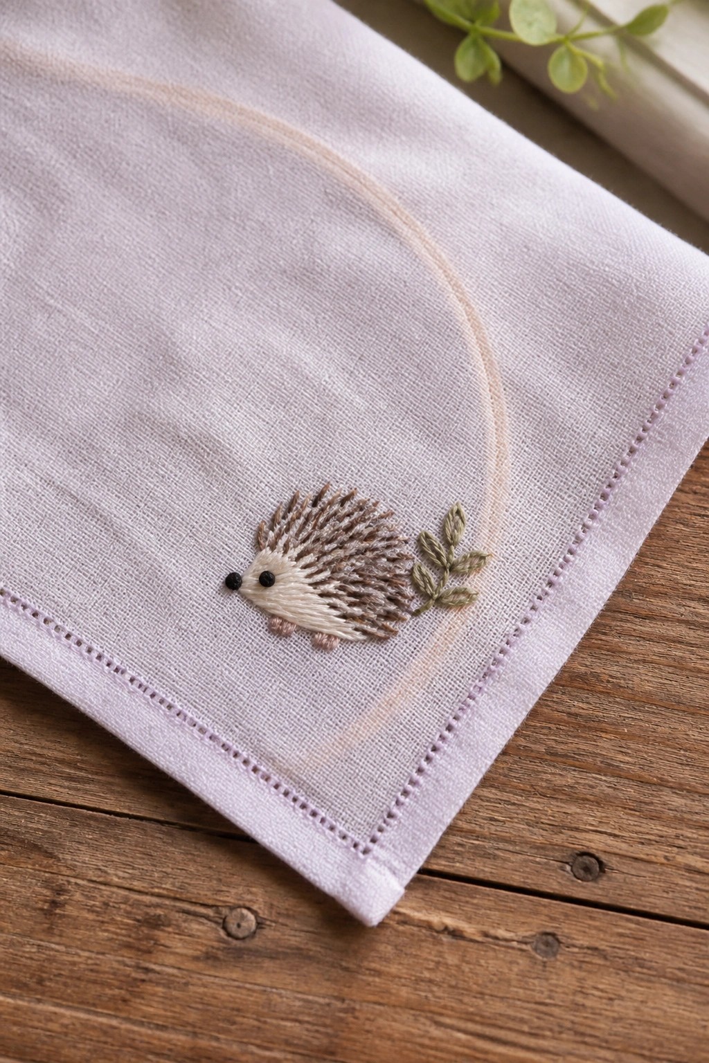 Embroidered hedgehog with brown spines and green leaves on purple fabric