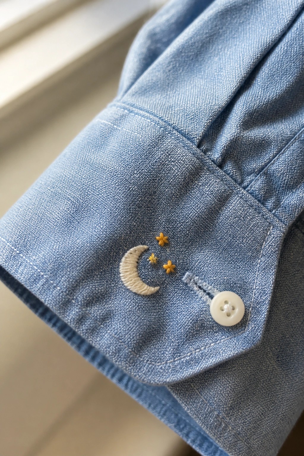 Light blue denim cuff embroidered with white moon and three yellow stars, plus button