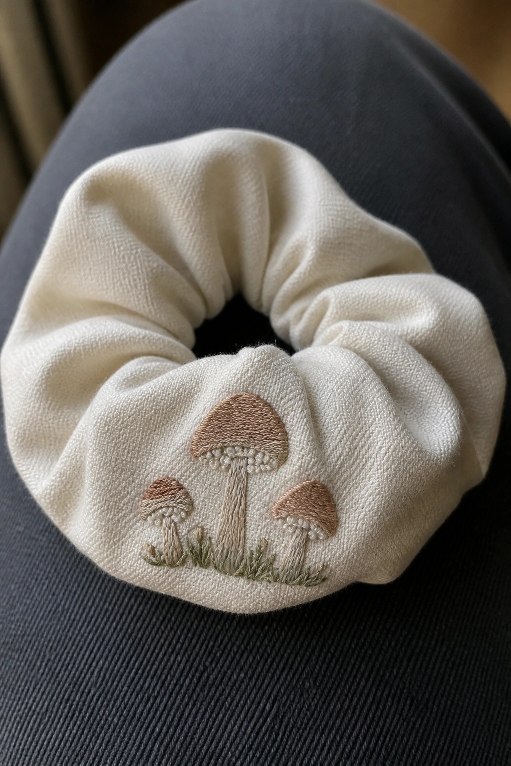 Off-white scrunchie with three embroidered mushrooms and grass in brown and green threads on dark fabric.
