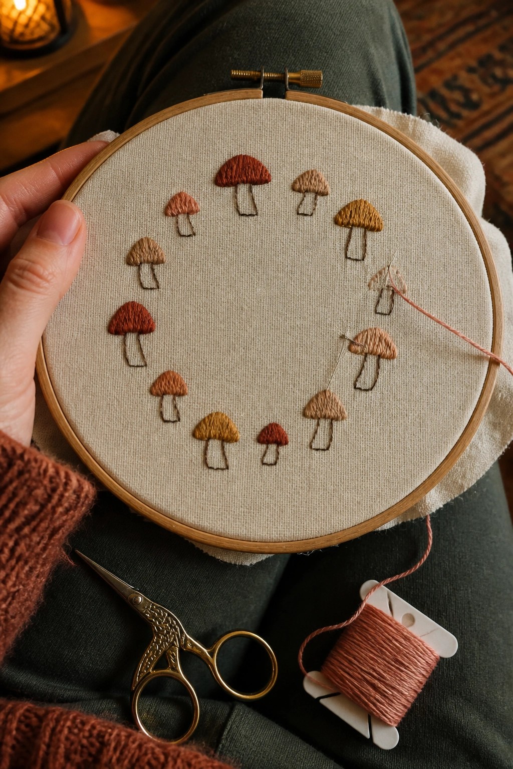 Embroidery hoop holding off-white fabric with small mushrooms stitched in a loose circle, needle and thread still attached, with scissors and thread spool nearby on a lap.