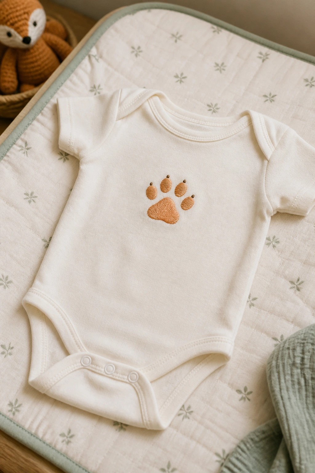A white baby onesie with a brown embroidered paw print centered on the chest.