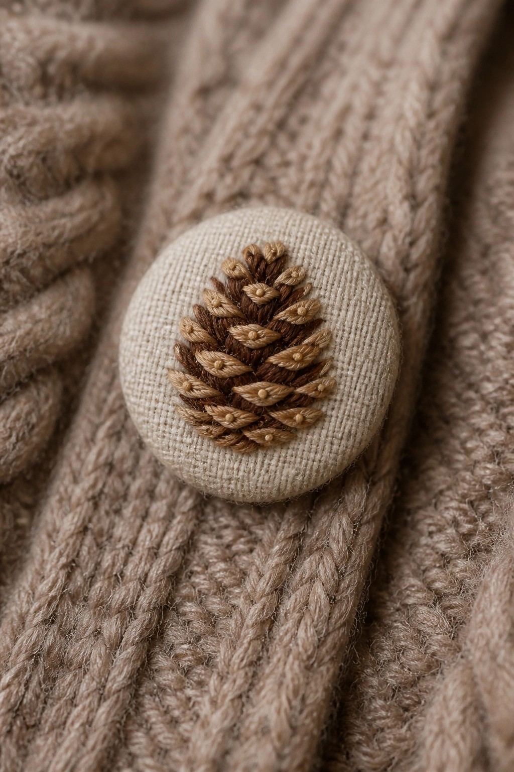 Tan cable-knit sweater with round button embroidered in brown pinecone design