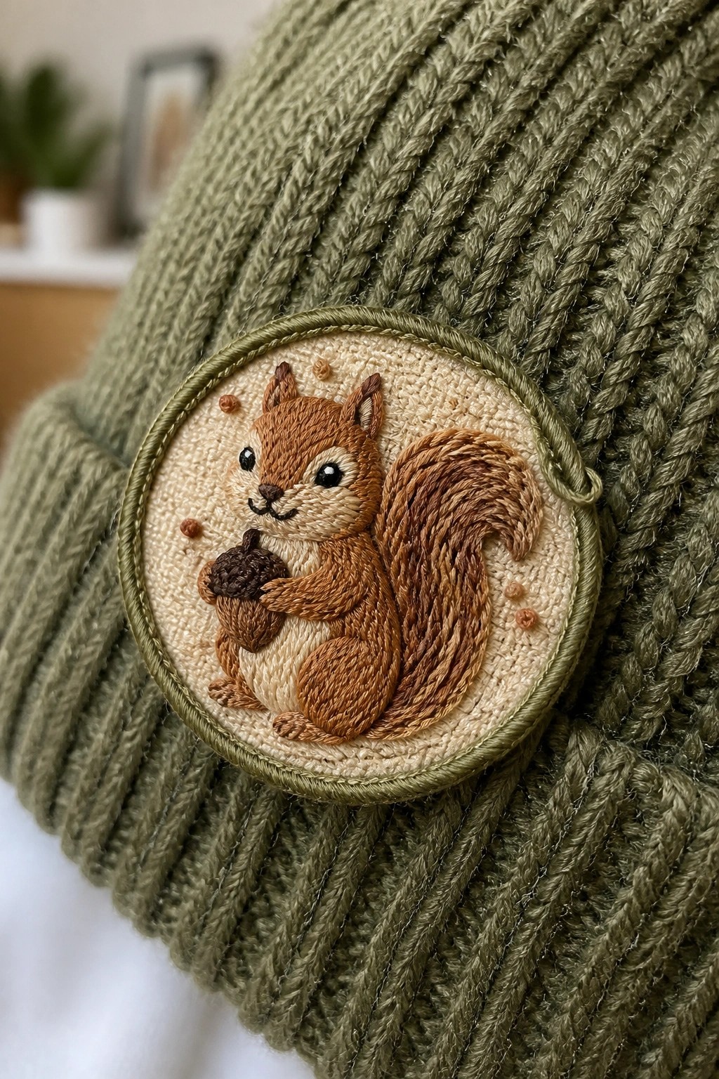 Embroidered squirrel holding an acorn on a circular patch attached to a green knit beanie.
