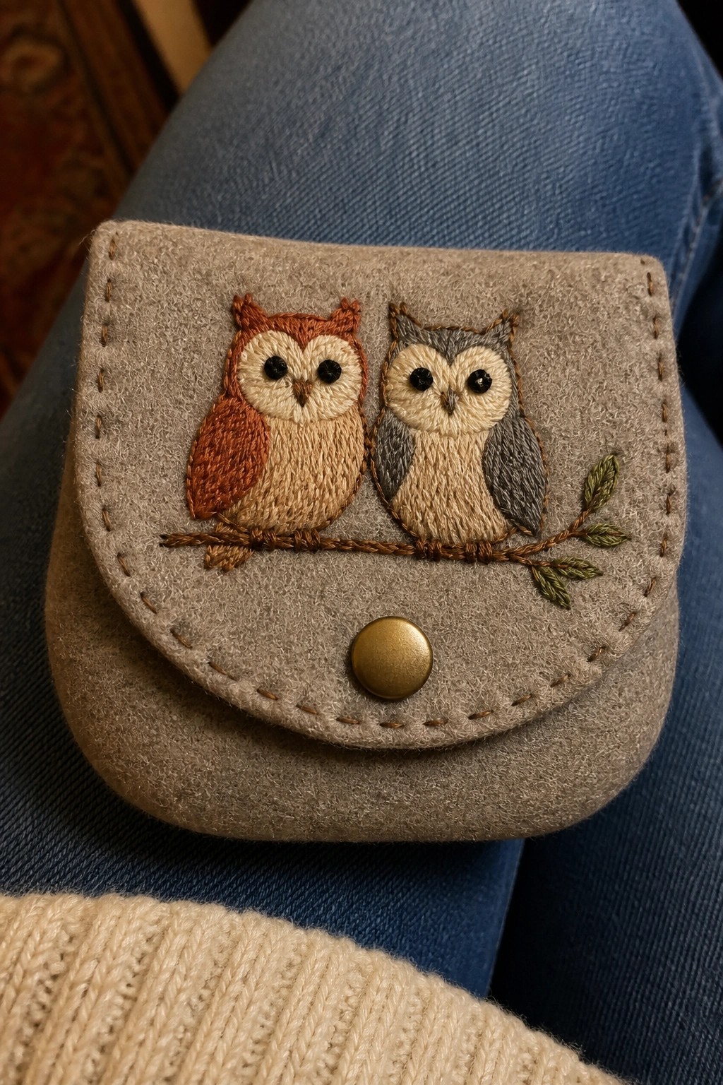 Gray felt pouch embroidered with two owls on branch and gold button on blue jeans.