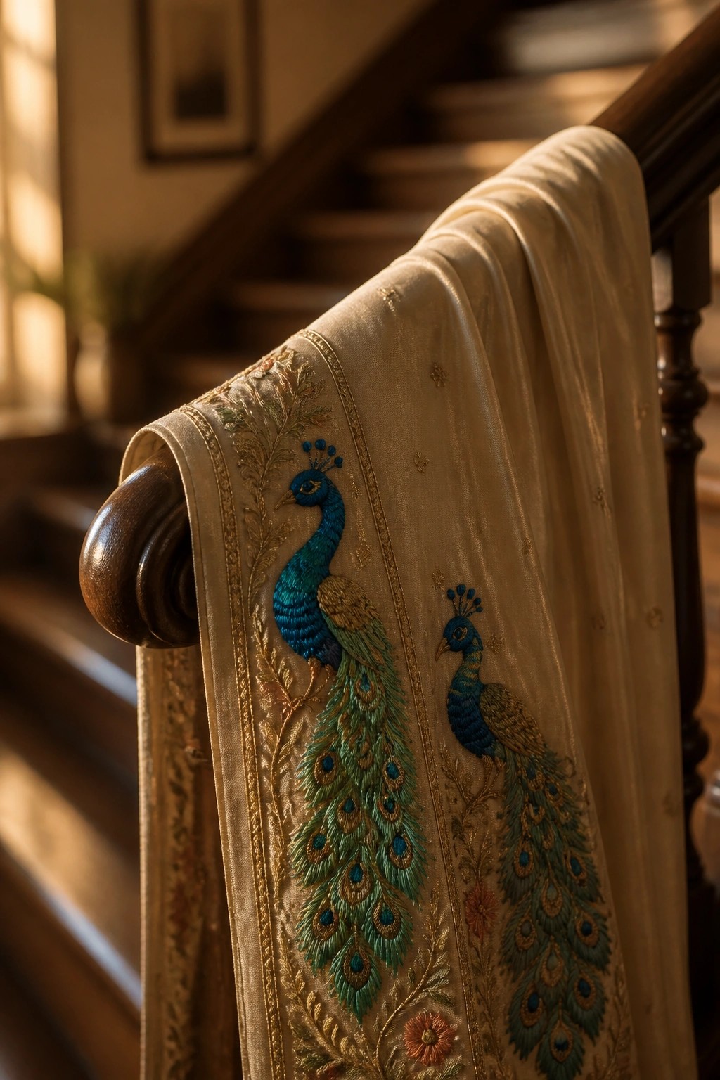 Embroidered cream fabric with blue and green peacocks draped on wooden banister