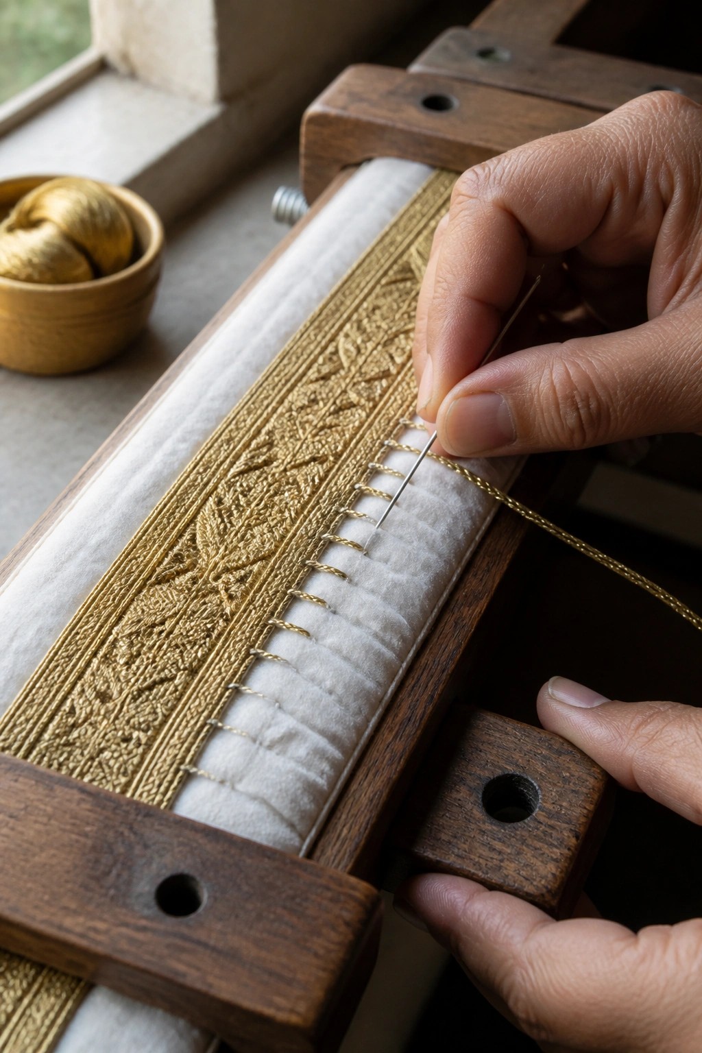 Hands embroidering a gold leaf border on fabric stretched in a wooden frame with a bowl of thread nearby.