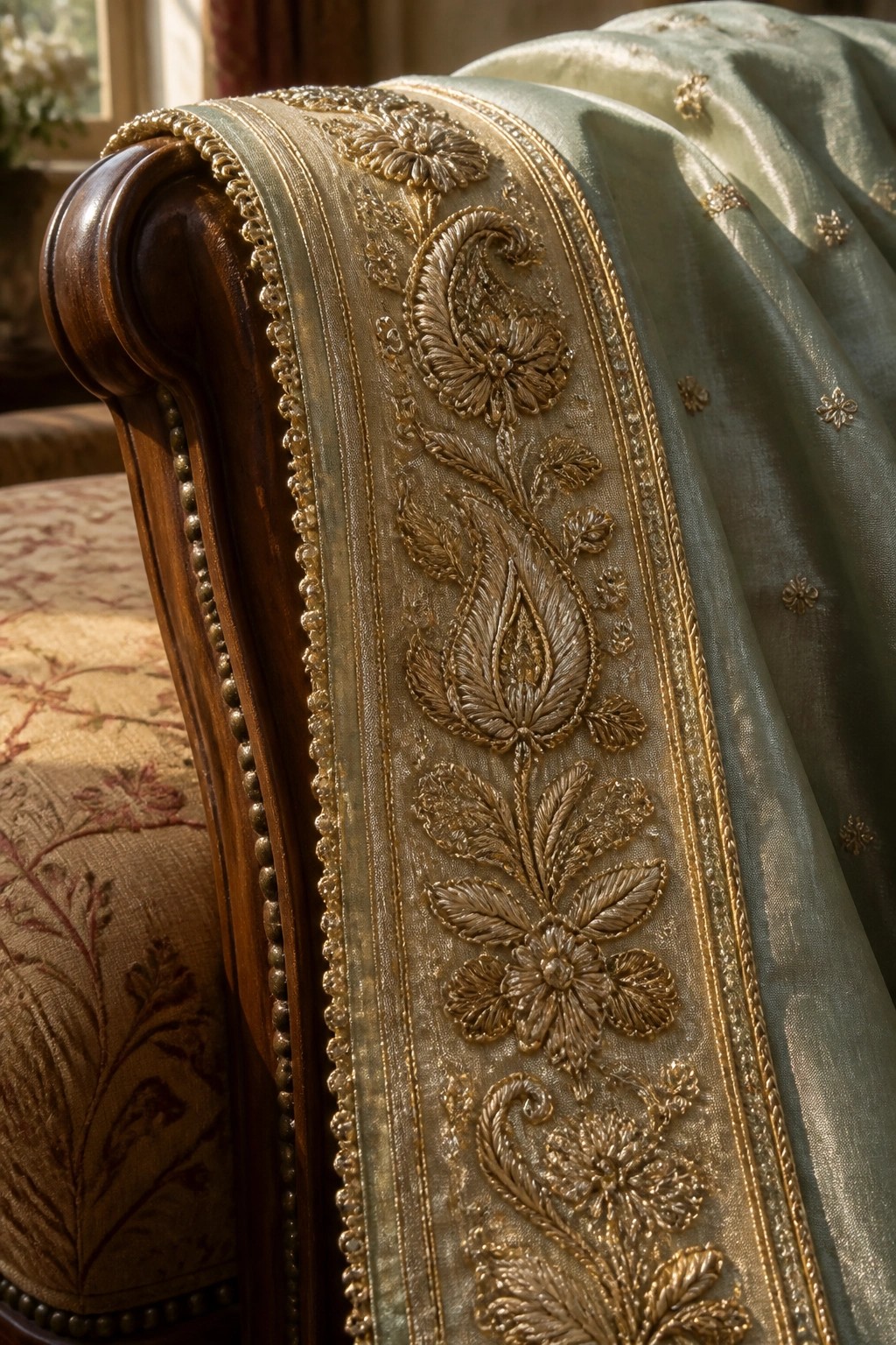 Ornate wooden armchair with gold floral embroidery on pale green satin fabric