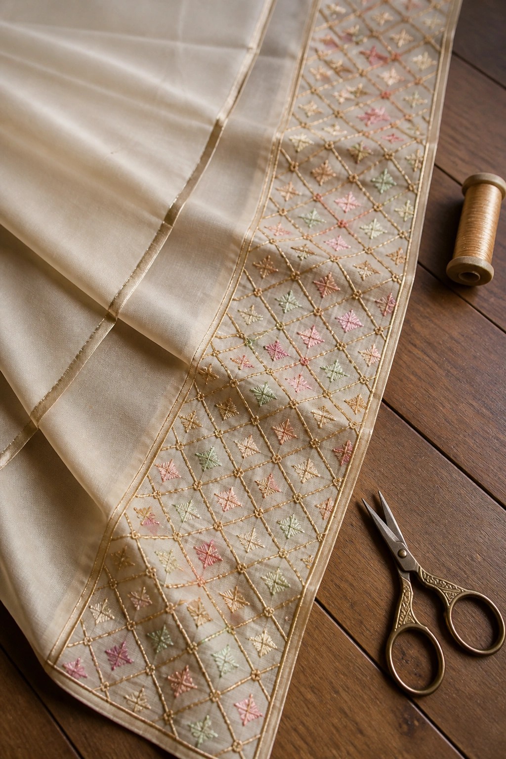 Cream fabric with pastel embroidered lattice border, thread spool and scissors on wood.
