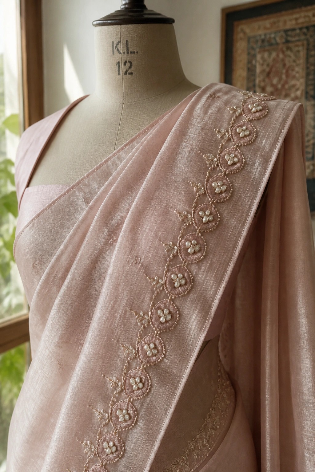 Blush pink silk saree with pearl-embellished circular embroidery on a dress form.
