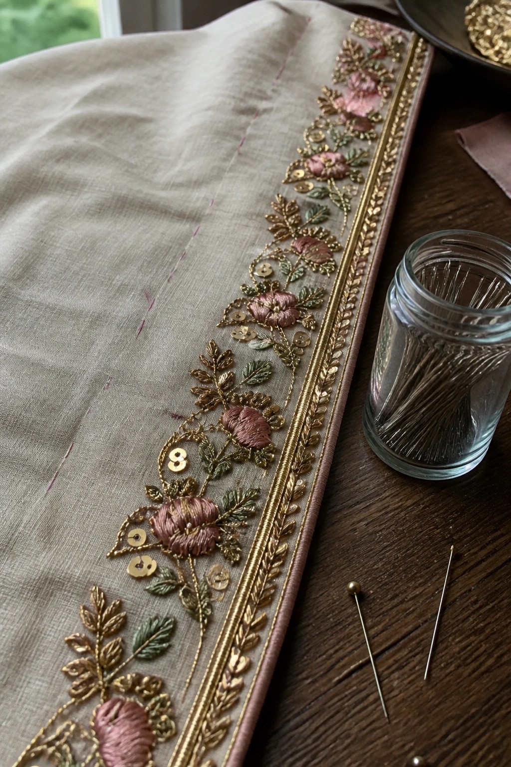 Pink floral embroidery with gold sequins on beige fabric beside needle jar on wood