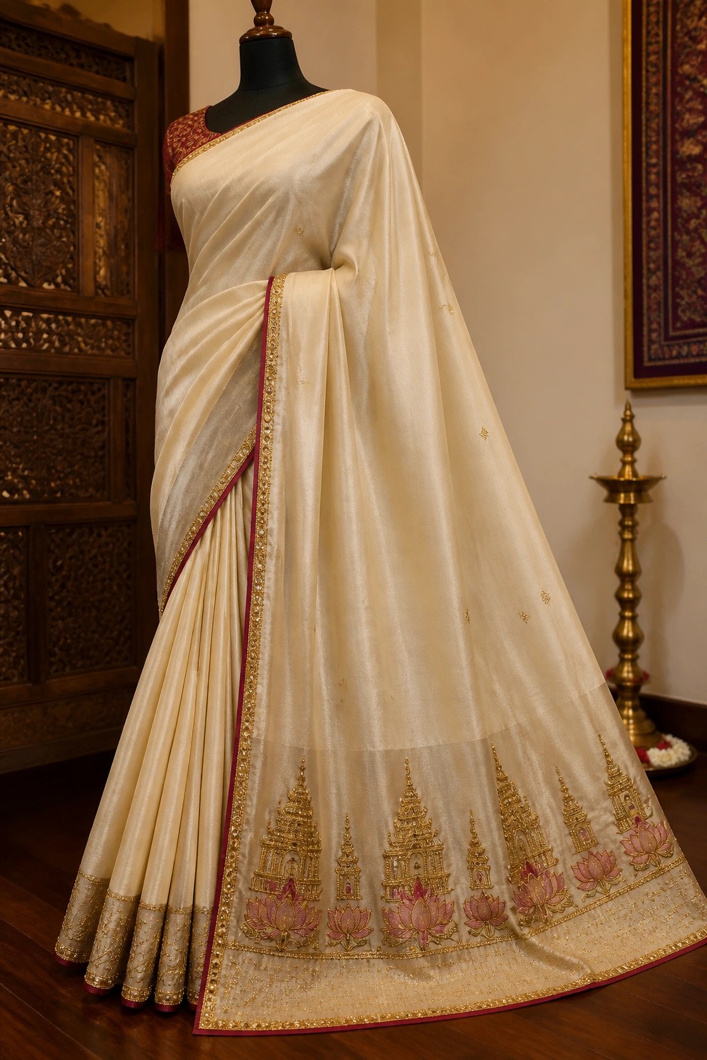 Cream silk saree with gold temple and pink lotus embroidery on mannequin