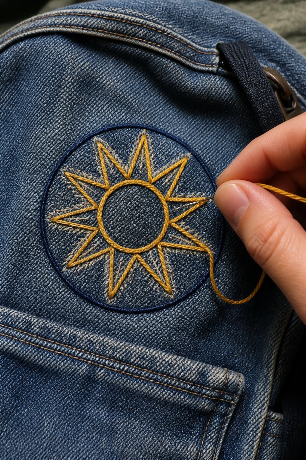 Hand embroidering yellow sun design on blue denim fabric with needle
