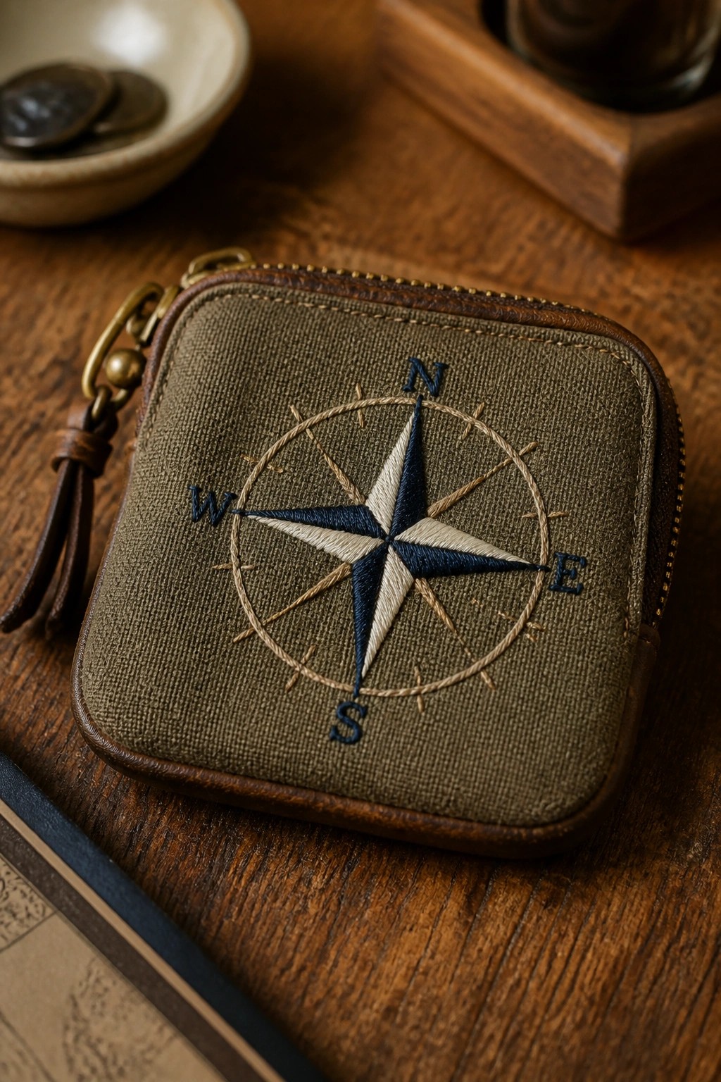 Olive green canvas pouch with embroidered compass rose and leather trim on wood.