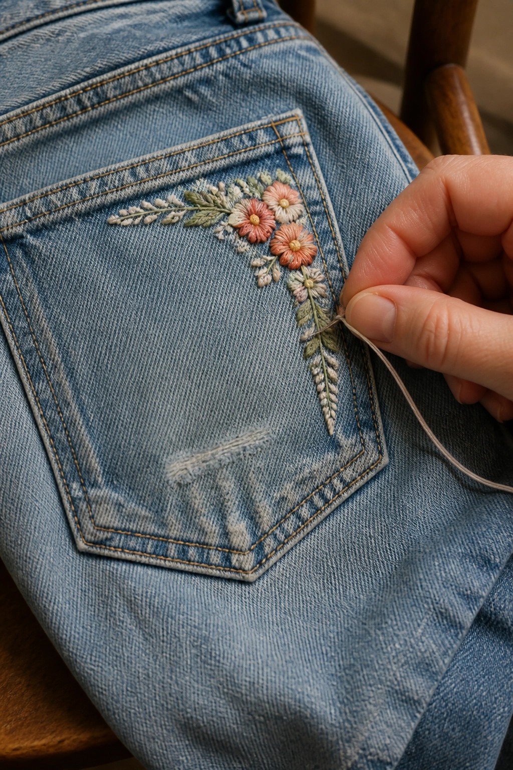 Hand stitching colorful floral embroidery onto blue denim jeans pocket