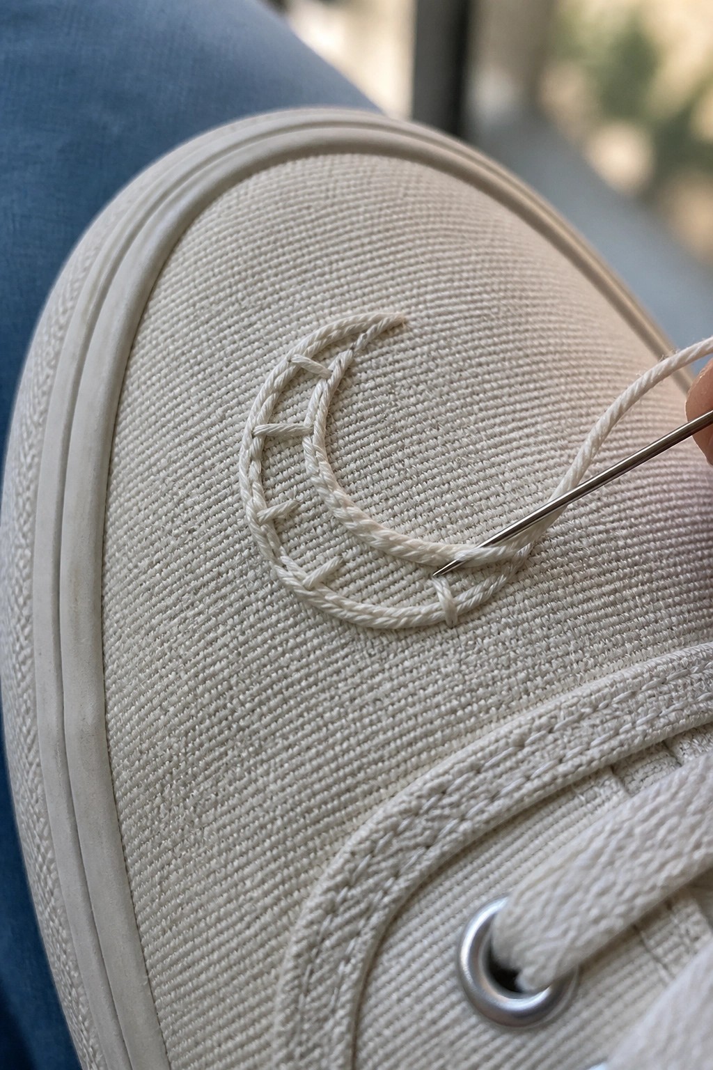 Hand stitching white crescent moon embroidery on canvas sneaker with needle and thread