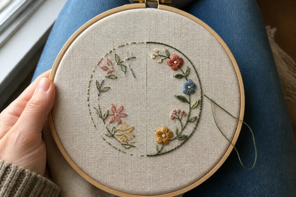 23 Practical Embroidery Stitch Guides for Fixing Loose and Uneven Stitches Hands holding wooden hoop stitching lavender daisies on beige fabric over blue jeans and cream sweater
